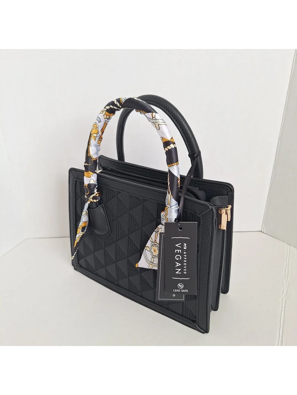 NWT La Terre Black Quilted Top Handle Crossbody Bag, Scarf, Zip, PETA Vegan